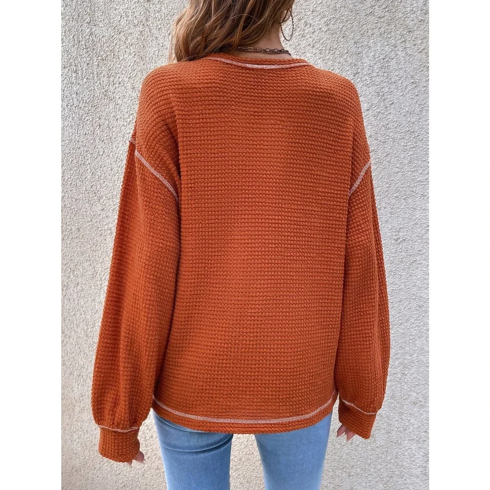Minimalist Bishop Sleeve Pocket Patched Topstitching Tee waffle thermal - Picture 2 of 10